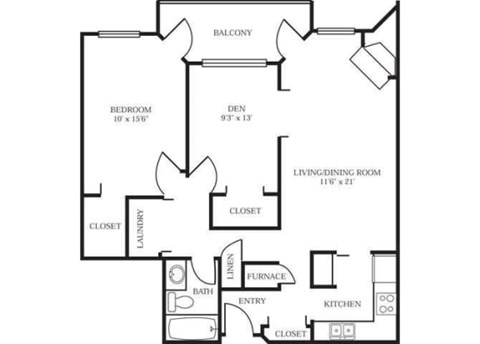 Floor plan for 1 bed, 1 bath, 893 sqft